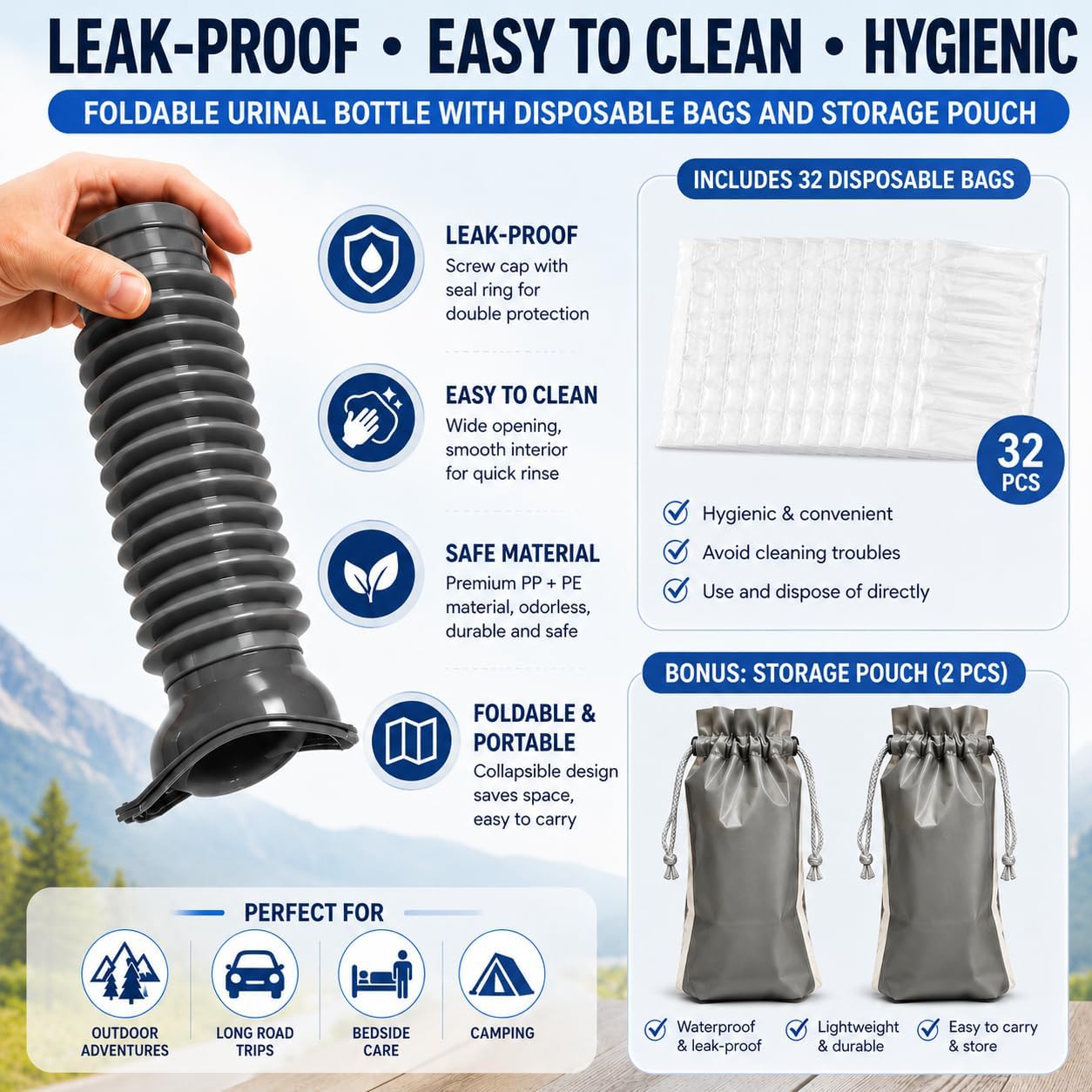 Pee Bottles for Men, Emergency Urinals, Adjustable Pee Bottle for Men and Women, Collapsible Urine Bottle and Pocket