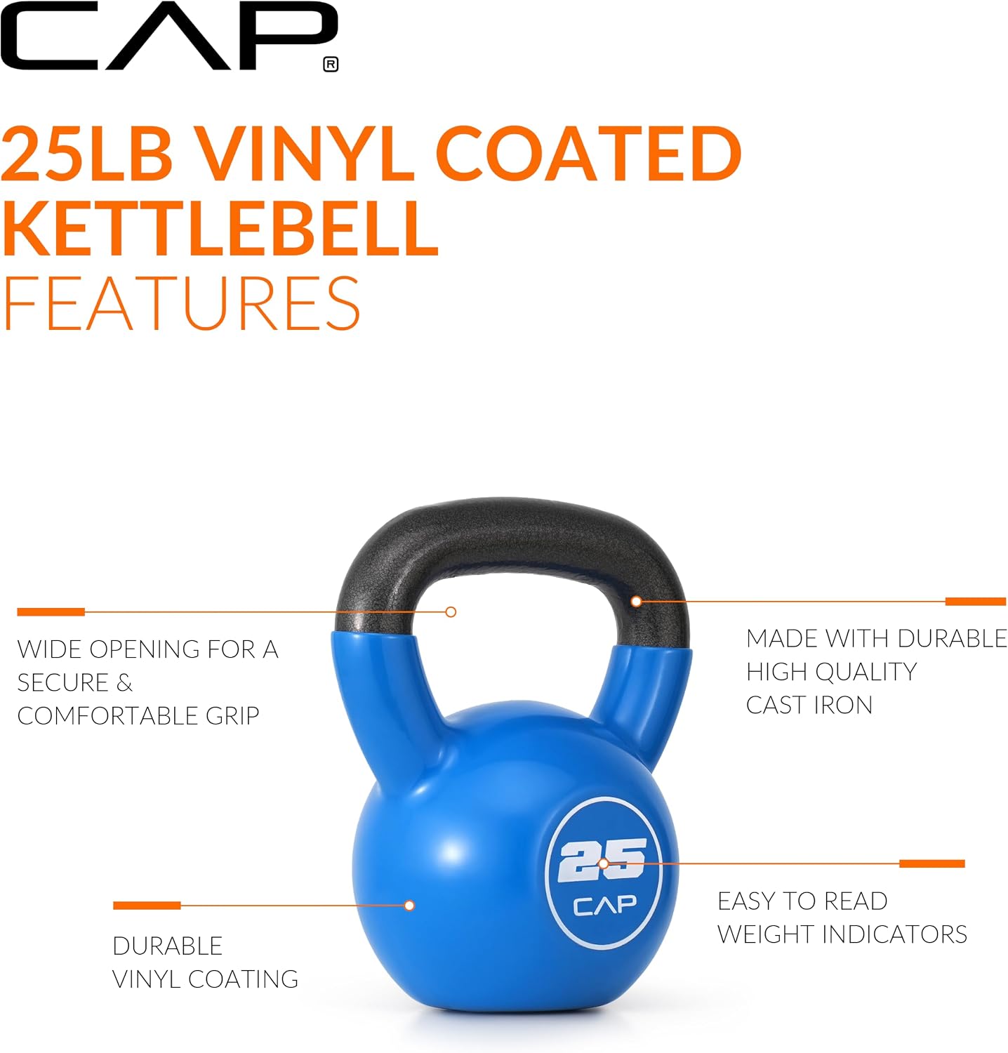 Vinyl Coated Cast Iron Kettlebell, 10-50 LB Home Gym Weight