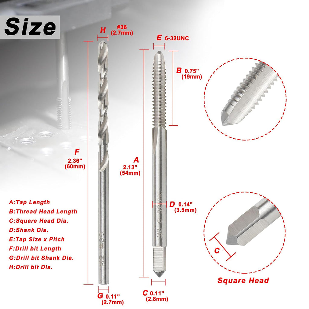 6-32 UNC Tap and #36 Drill Bit Set, M2 HSS Drill and Tap Set