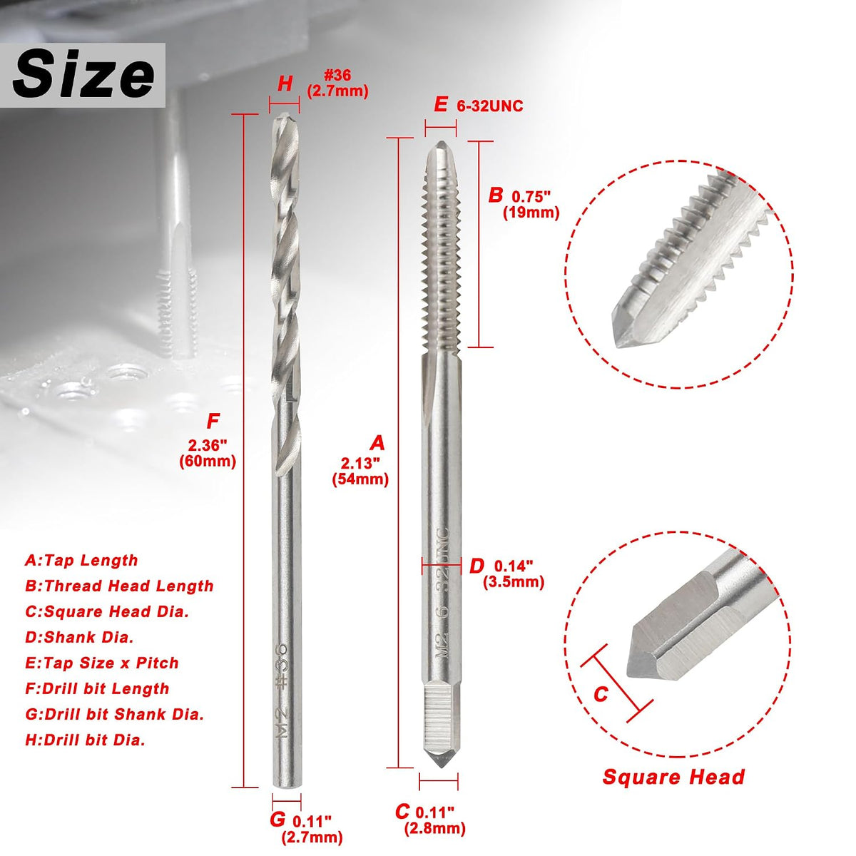 6-32 UNC Tap and #36 Drill Bit Set, M2 HSS Drill and Tap Set