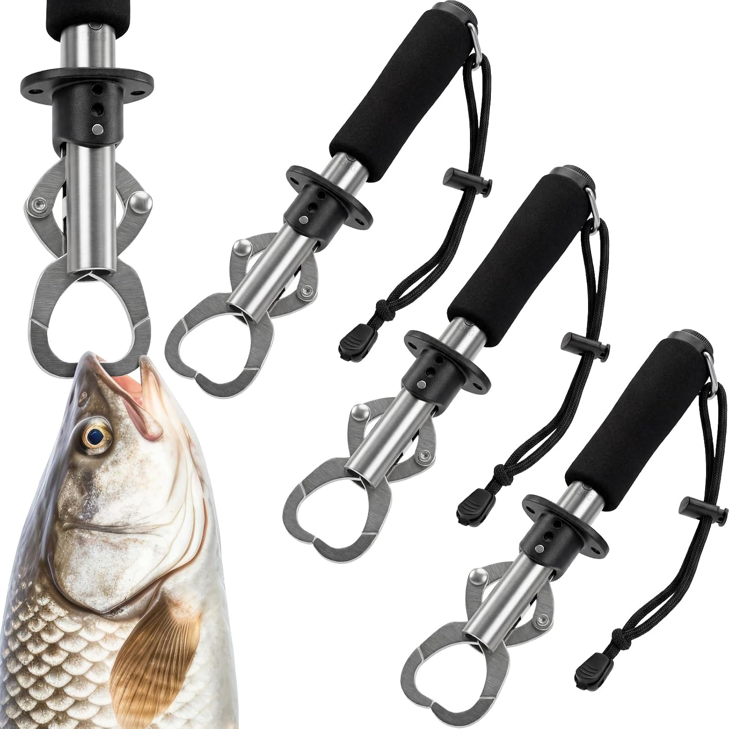3 Pack Fish Lip Gripper with Scale 33lb Stainless Steel Fish Landing Tool with Non-Slip EVA Handle & Wrist Strap for