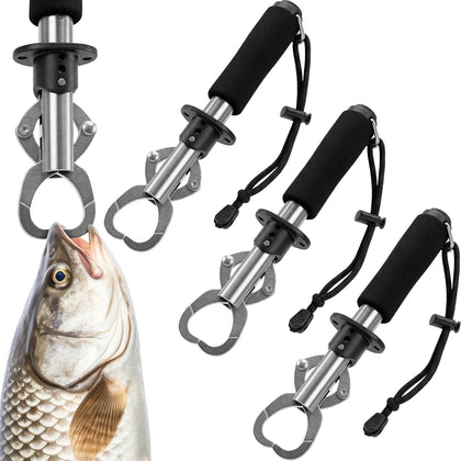 3 Pack Fish Lip Gripper with Scale 33lb Stainless Steel Fish Landing Tool with Non-Slip EVA Handle & Wrist Strap for