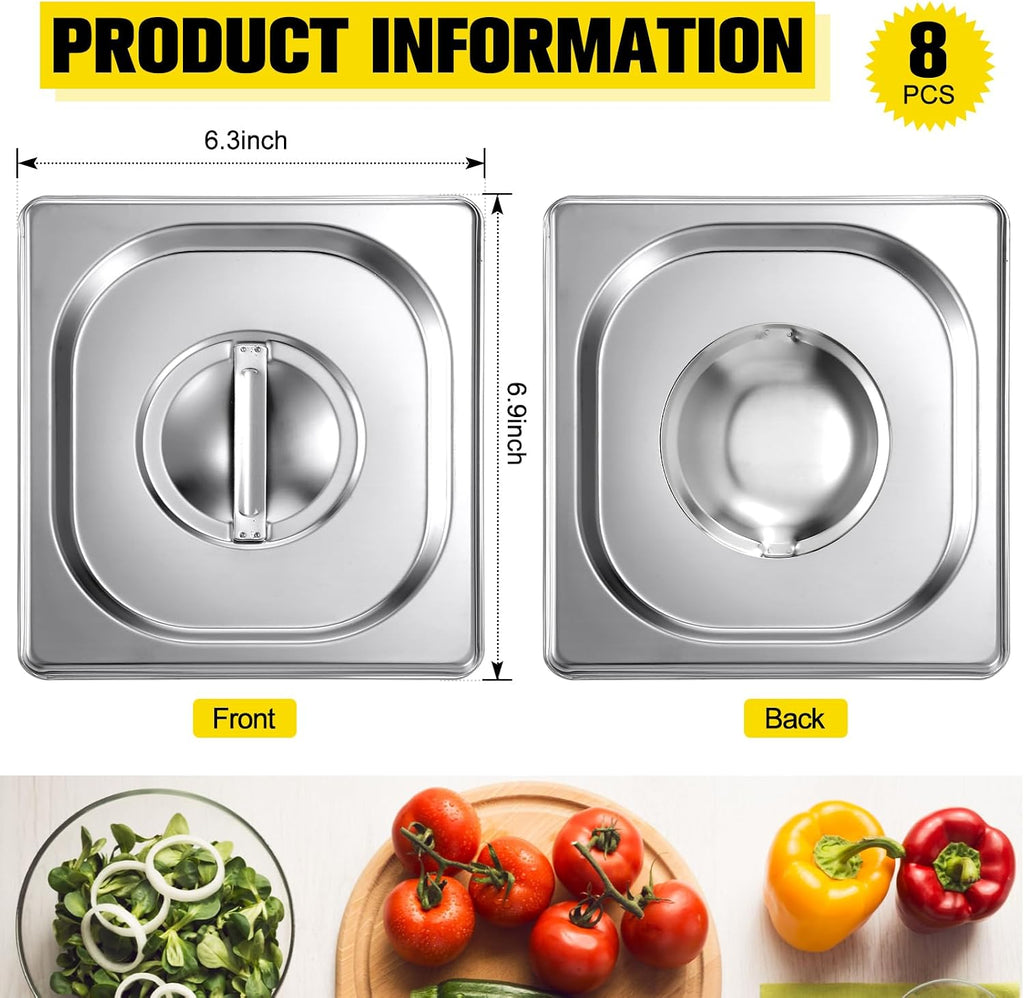8 Pcs 1/6 Sixth Size Stainless Steel Hotel Steam Table Pan Lids