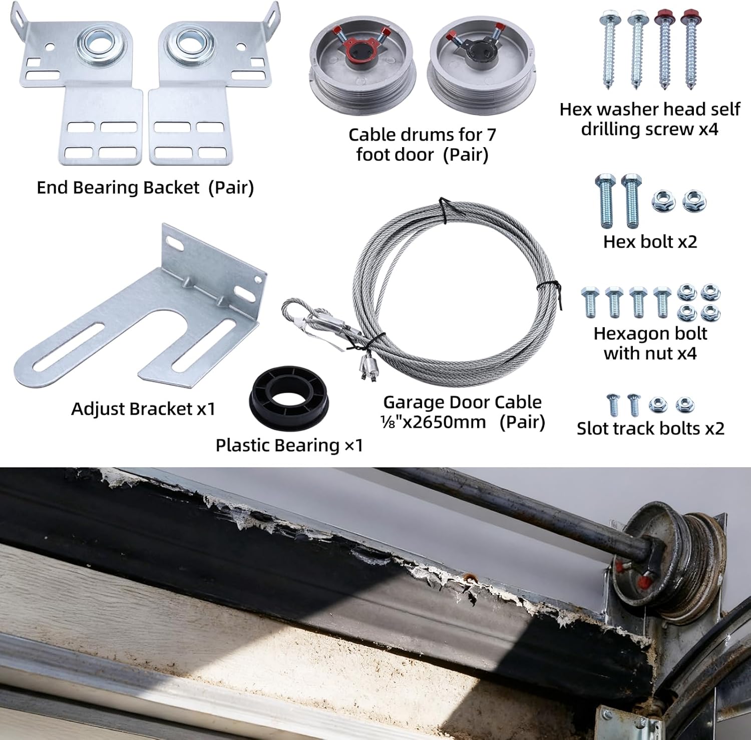 Garage Door Torsion Spring Kit for 7ft High Garage Doors - Heavy-Duty Cables, Drums, Center Bracket Compatible with
