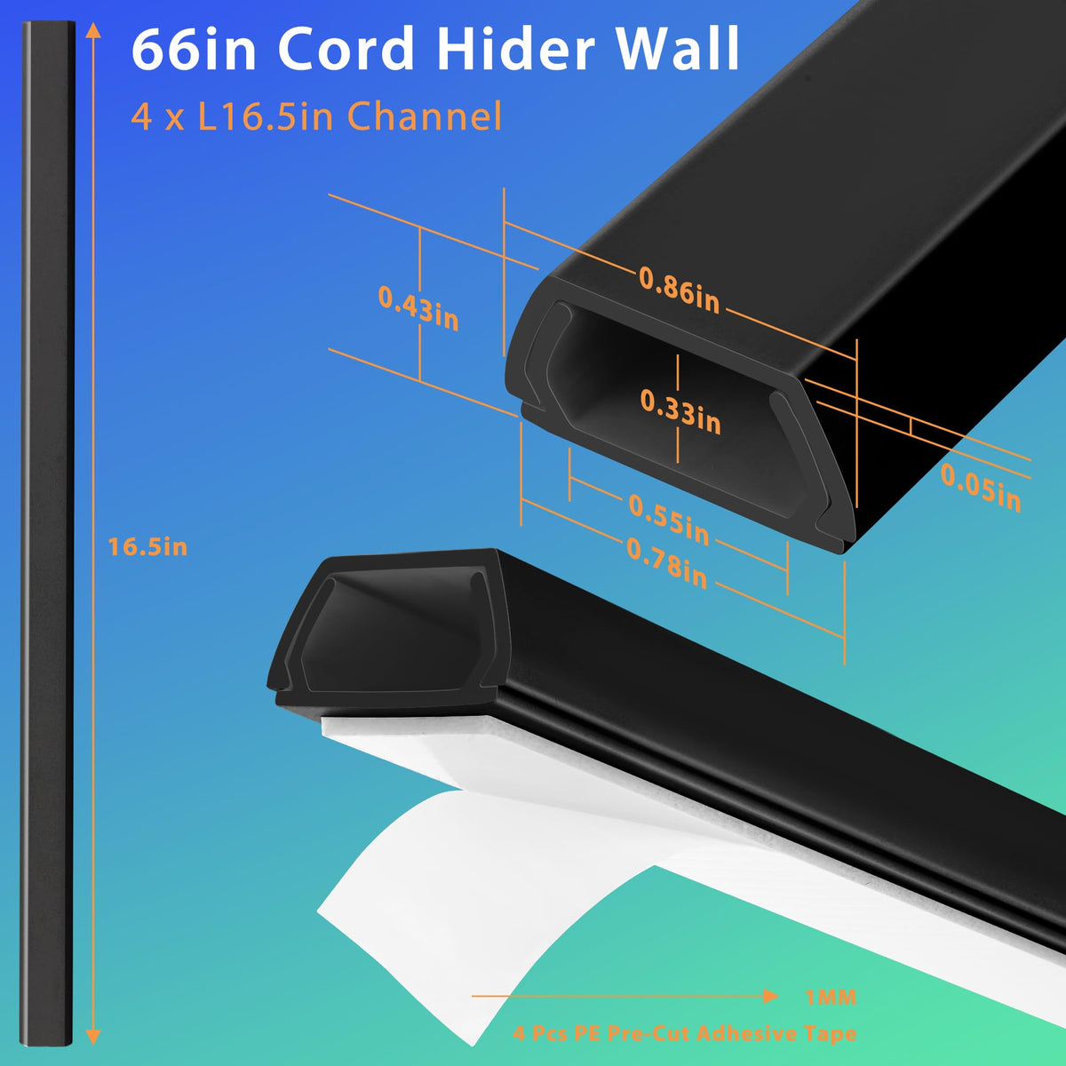 YCLYC 66in Cord Covers for Wires on Wall, Black Wall Cord Hider Hide Cords