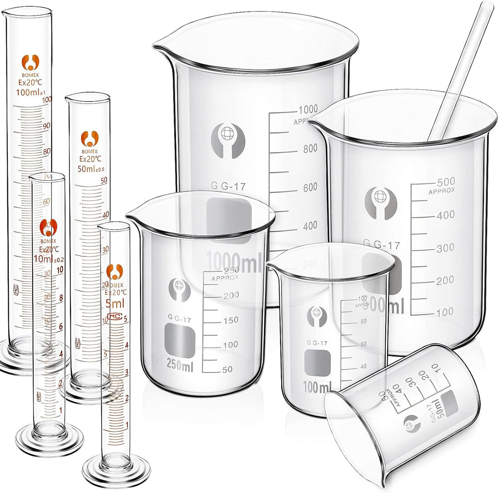 10 Pieces Glass Measuring Beaker and Graduated Measuring Cylinder with Stirring Rod 50/100/ 250/500/ 1000 ml Thick