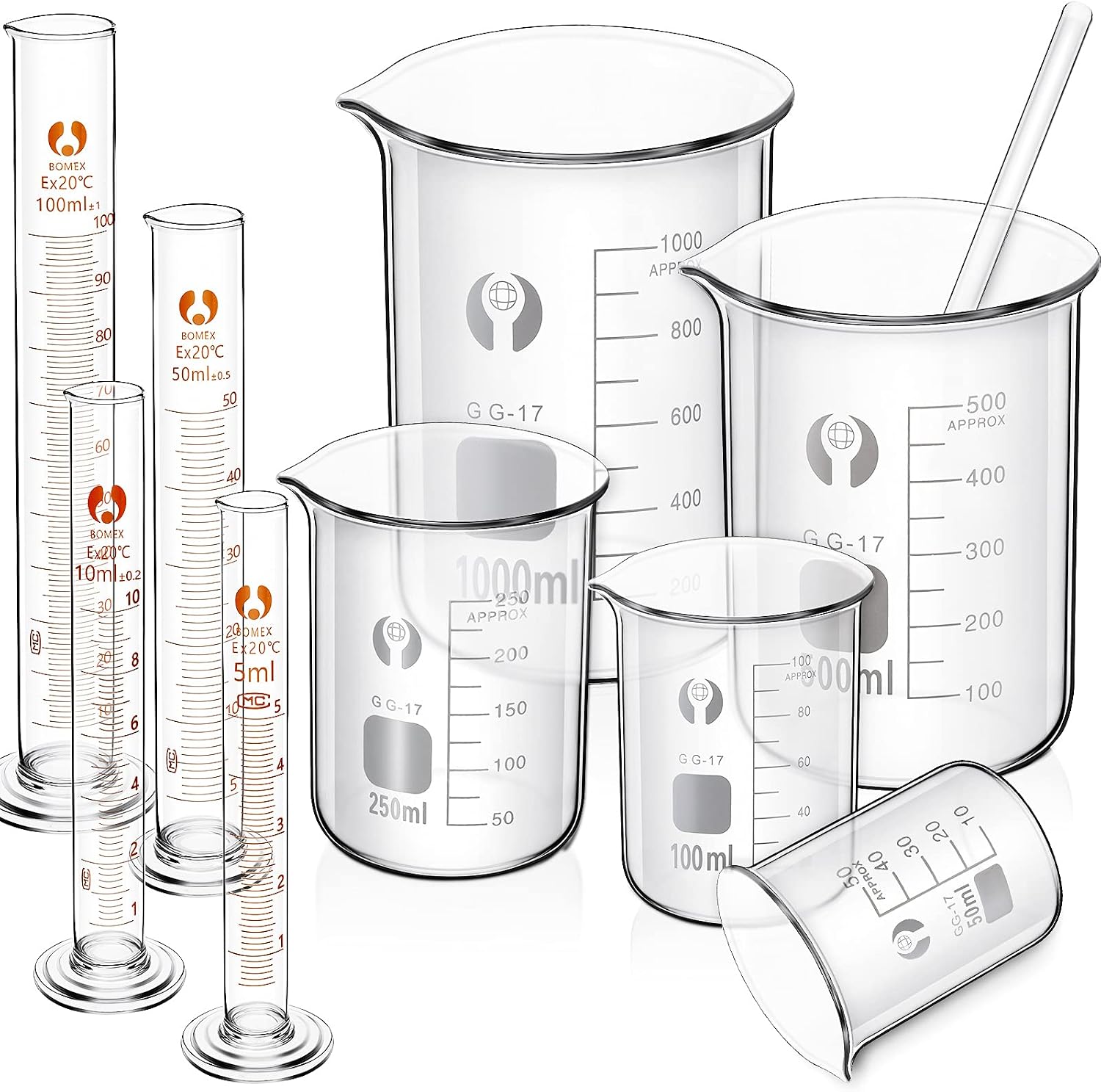 10 Pieces Glass Measuring Beaker and Graduated Measuring Cylinder with Stirring Rod 50/100/ 250/500/ 1000 ml Thick