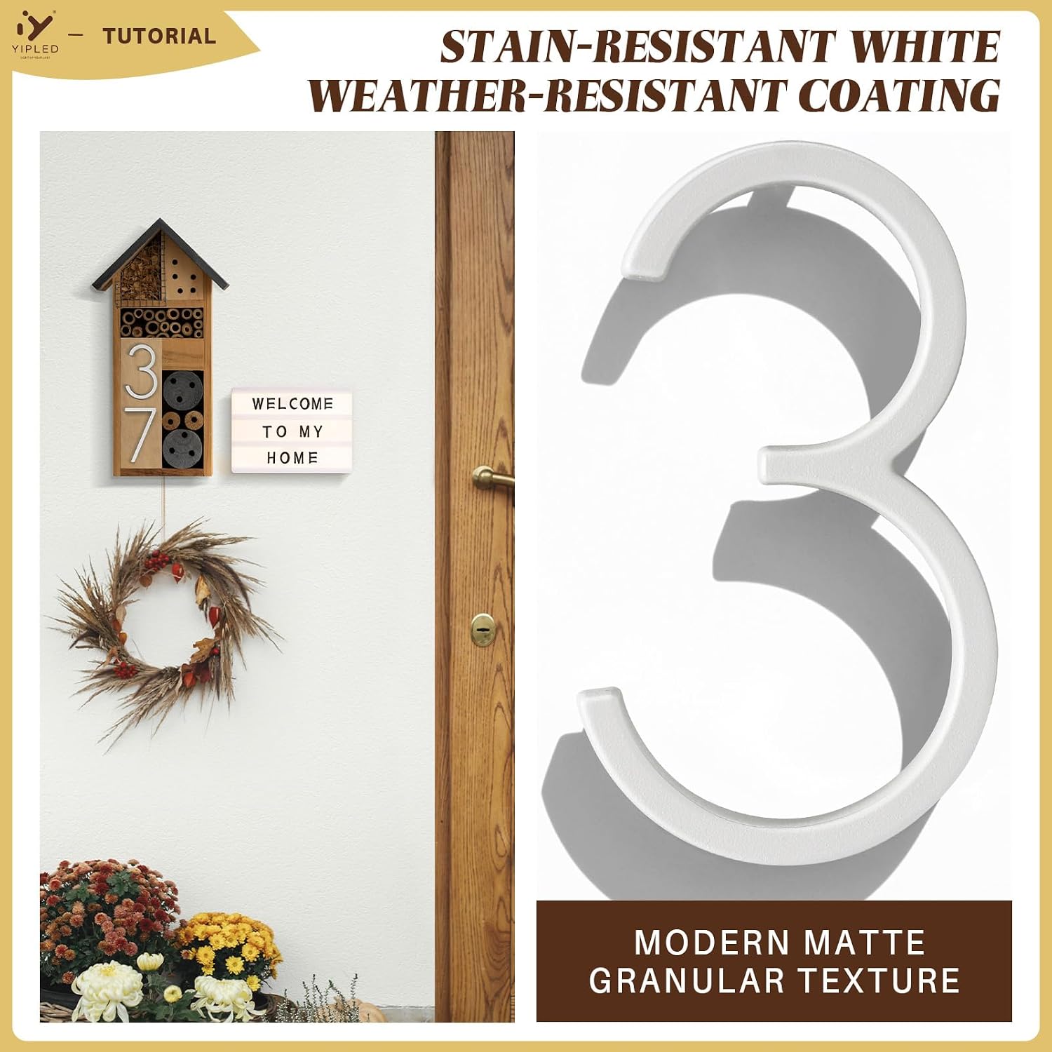 5 Inch House Numbers for Outside, Metal Address Number 3- Modern Design, Weather-Resistant White Crystal Powder