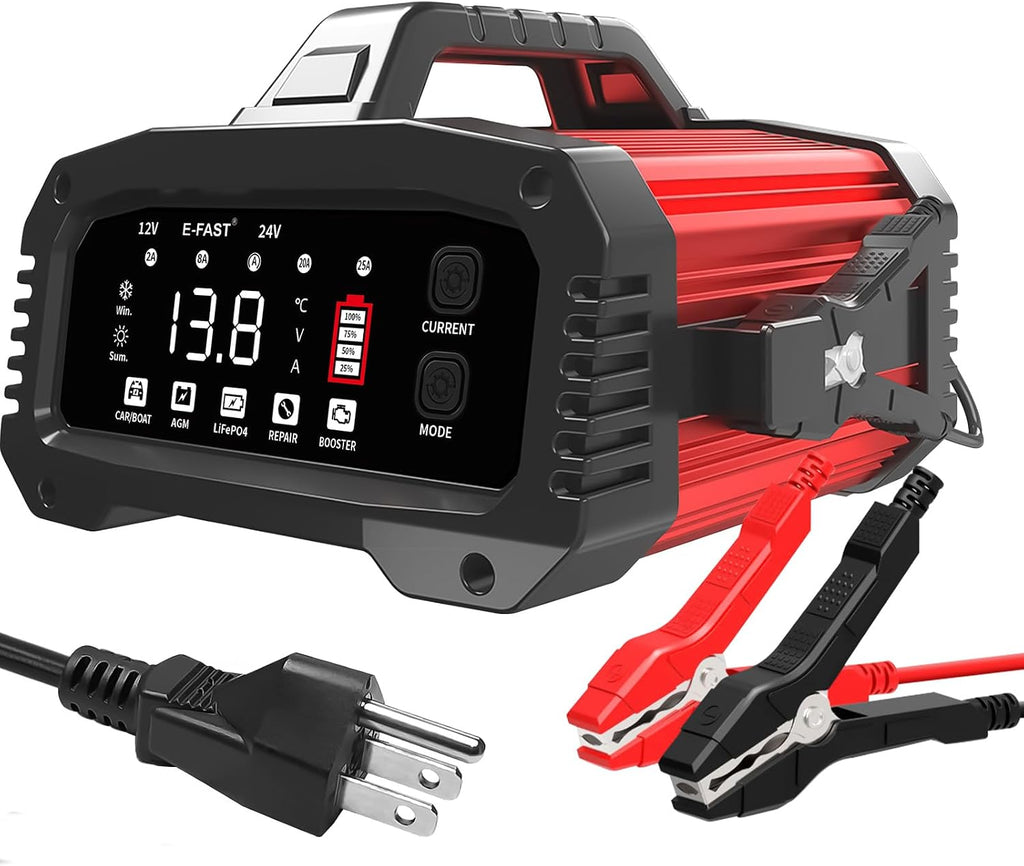 25A Smart Car Battery Charger, 12V/24V Automatic Automotive Battery Maintainer & Desulfator with 200s Booster Mode
