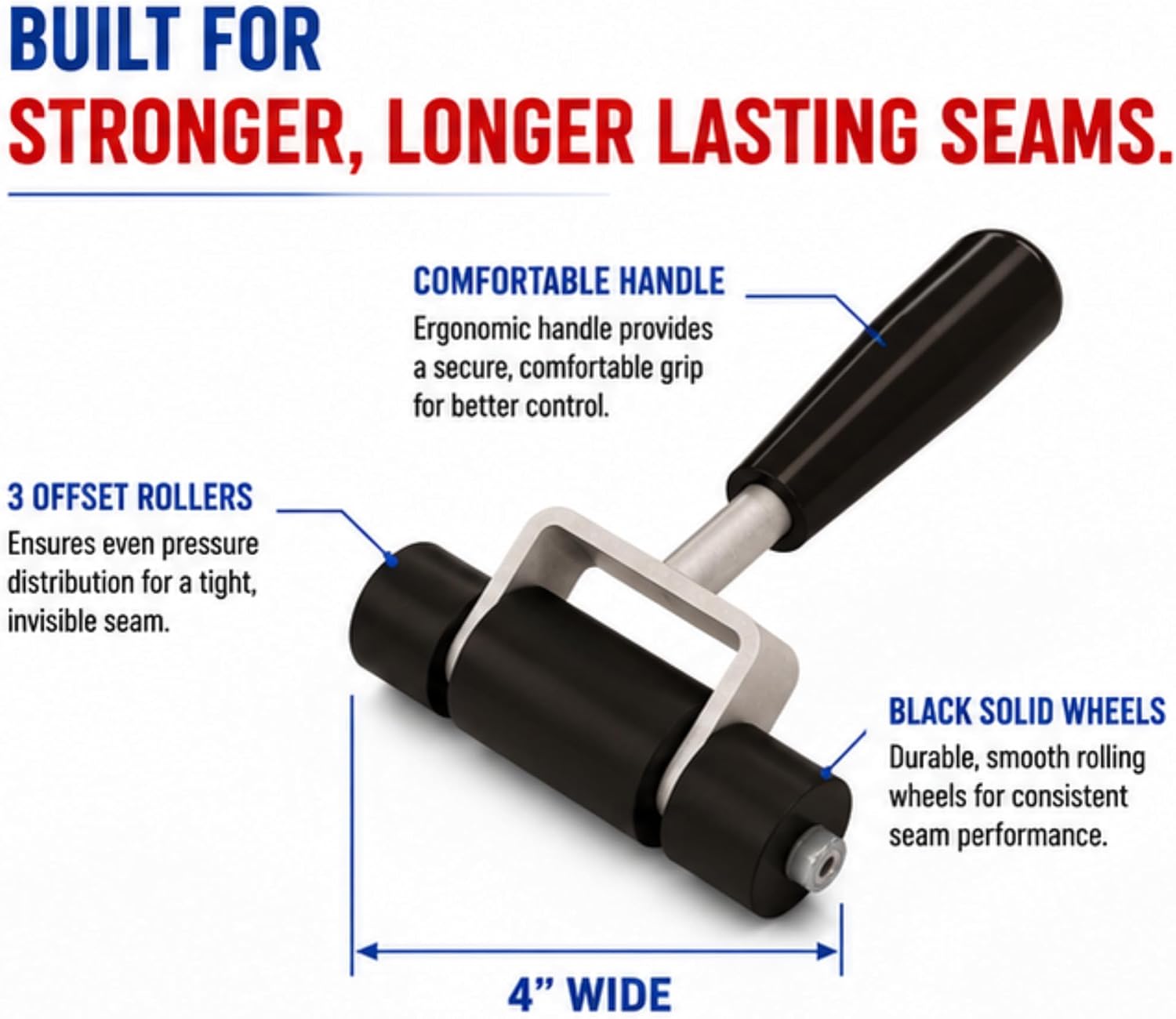 Seam Roller Black Solid Wheel 4 in. – Heavy Duty 3 Offset Rollers for Carpet and Vinyl Installation