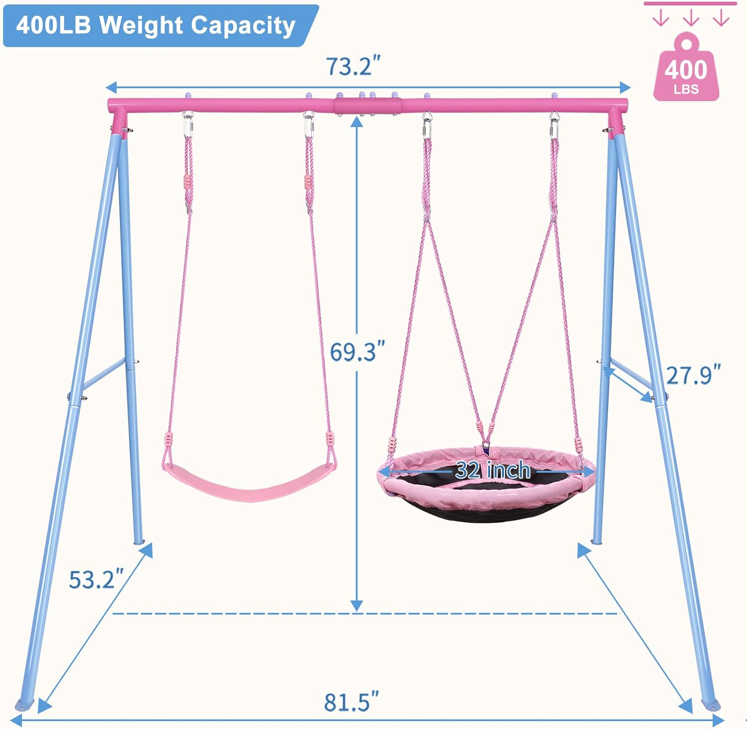 Swing Set, 440lbs, Heavy-Duty A-Frame Metal Outdoor SwingStand, 1 Saucer & 1 Belt Swing seat for Playground, Backyard