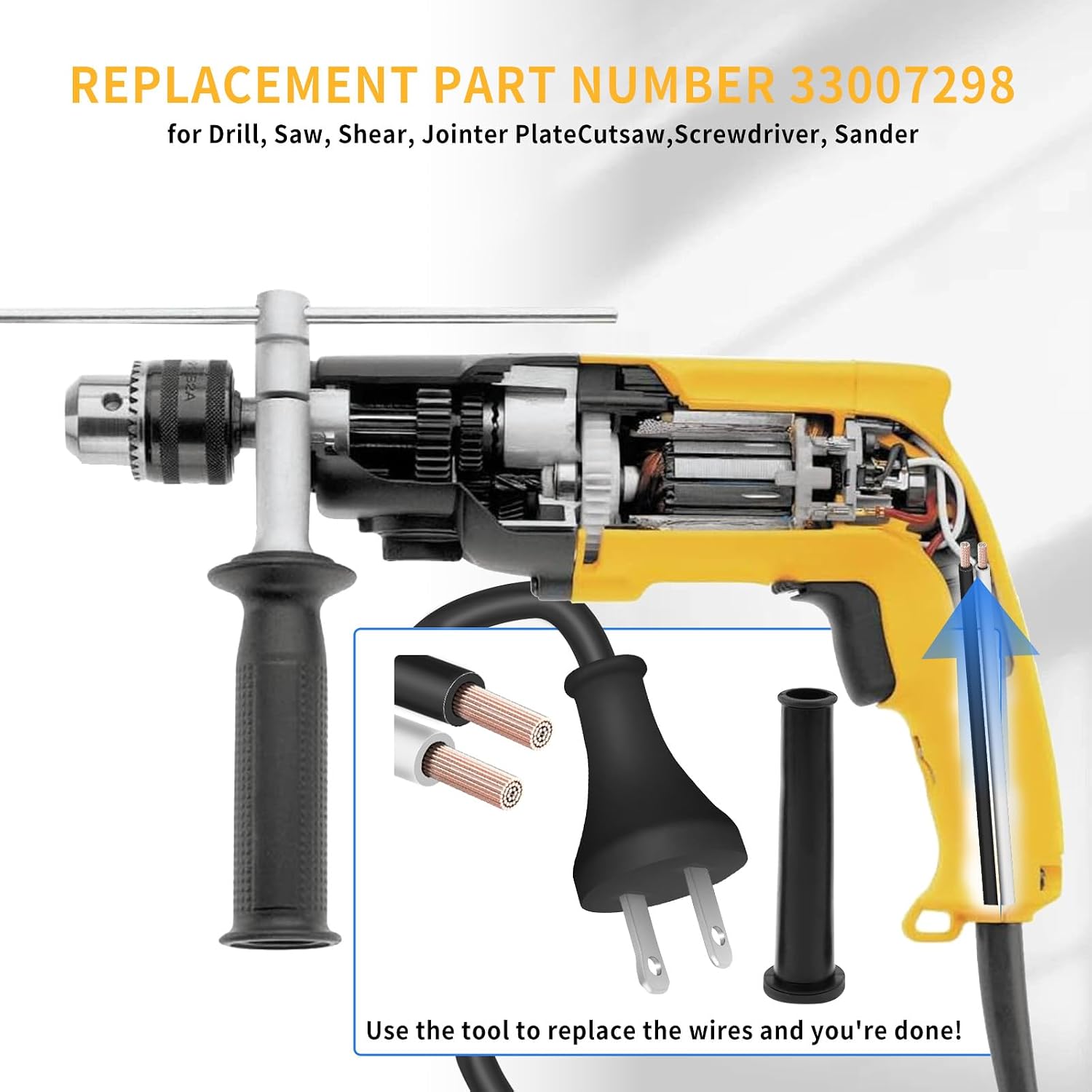 33007298 Power Cord 10FT for DeWalt DW100 DW101 DW120K D26453 DW130 DW236 DW400 etc Drill Shearer Polisher Electric