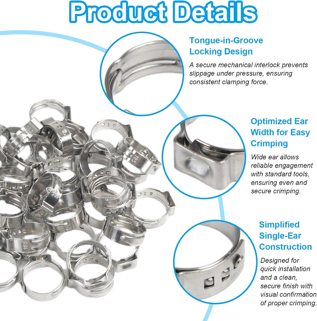 30Pcs 26.4mm-29.6mm (1") Single Ear Hose Clamps PEX Crimp Rings