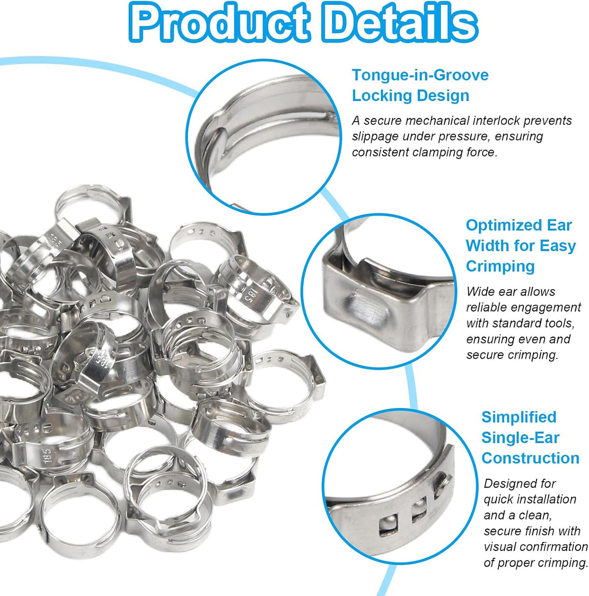 30Pcs 26.4mm-29.6mm (1") Single Ear Hose Clamps PEX Crimp Rings