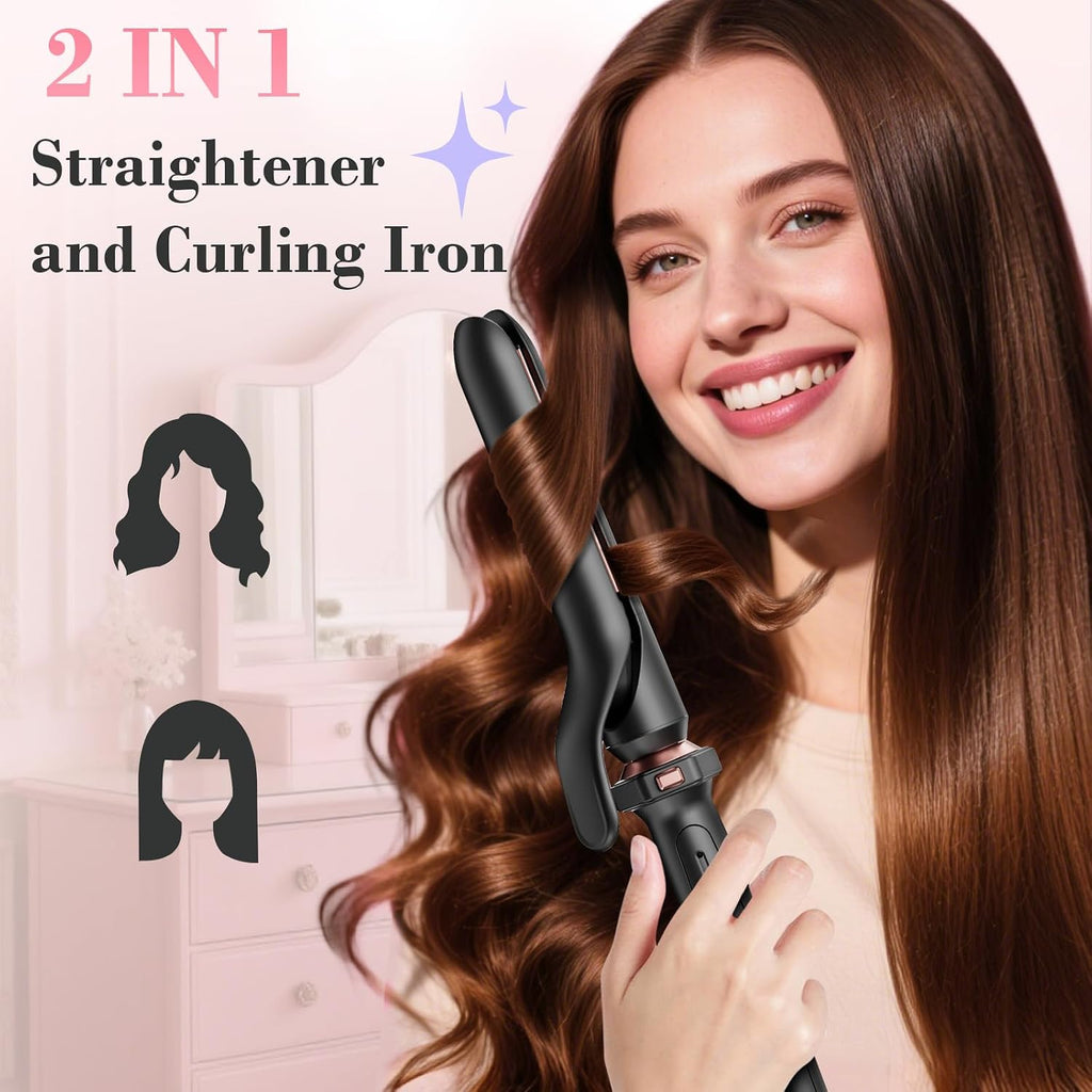 3 in 1 Curling Iron, Curling Wand Set with Thermal Brush Flat Iron Hair Straightener, Dual Voltage Wand Curler