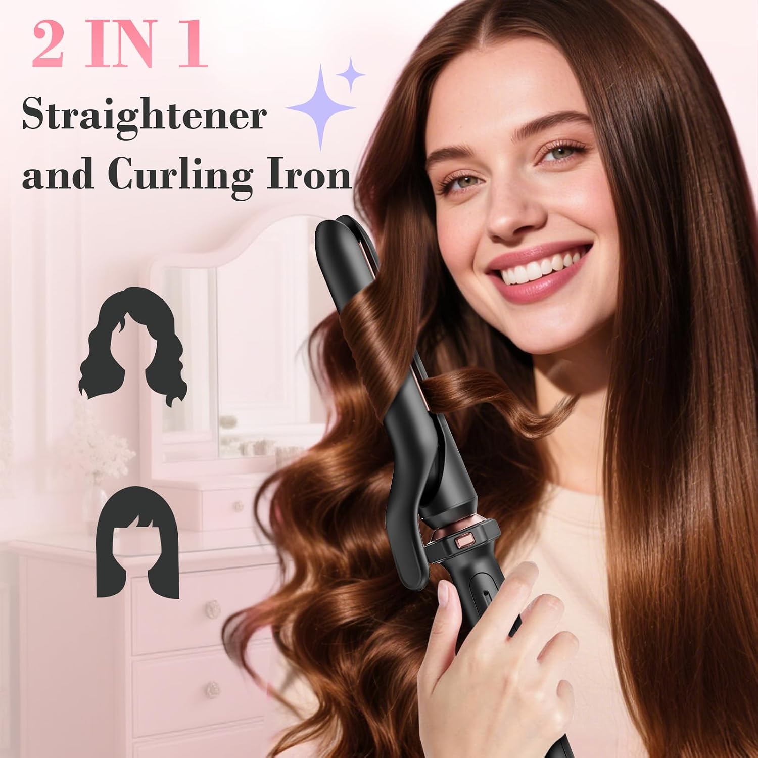 3 in 1 Curling Iron, Curling Wand Set with Thermal Brush Flat Iron Hair Straightener, Dual Voltage Wand Curler