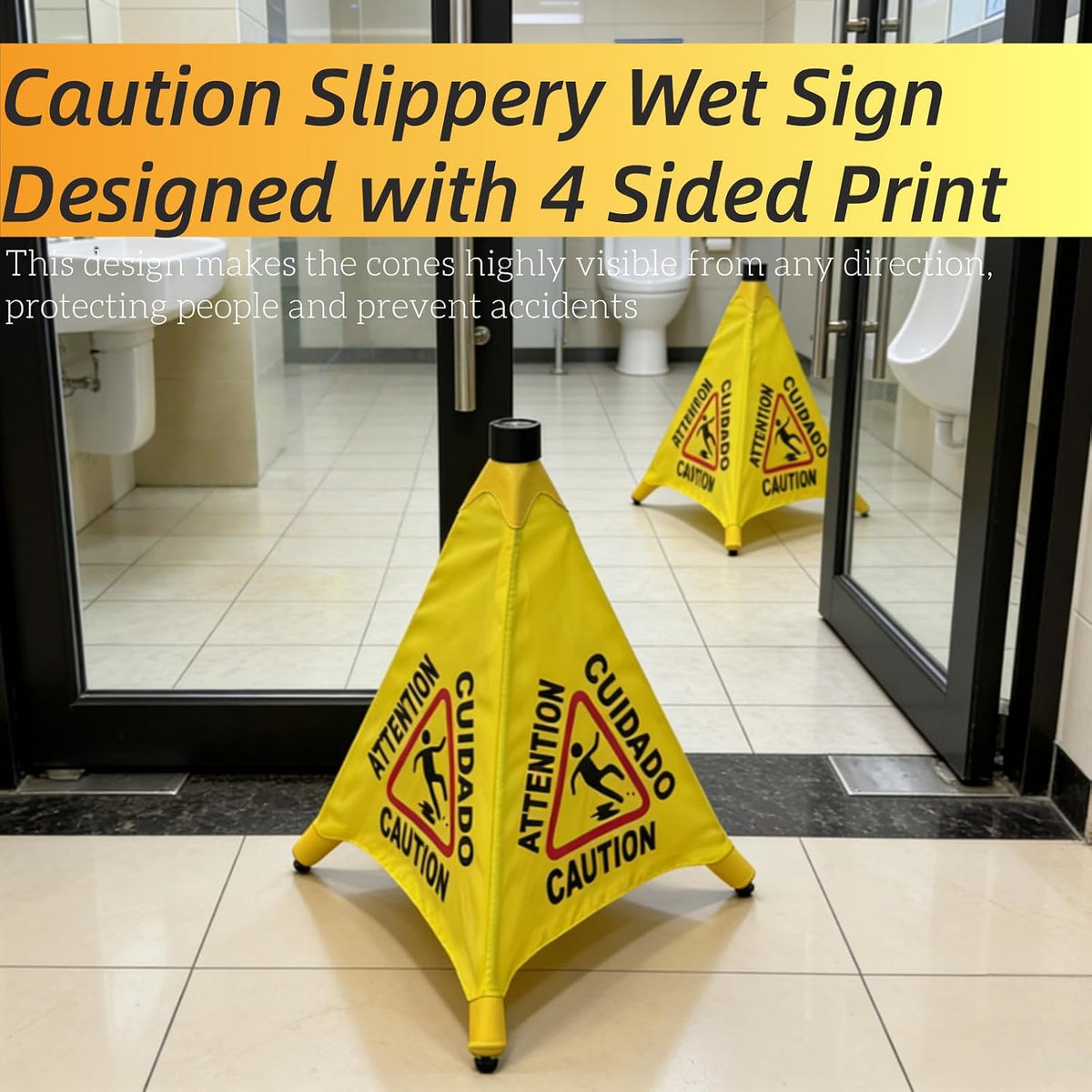 Wet Floor Signs - 4PCS Pop UP Bilingual Yellow Cones Wet Floor Sign with Wall Mounted Storage Tube Foldable, Slip