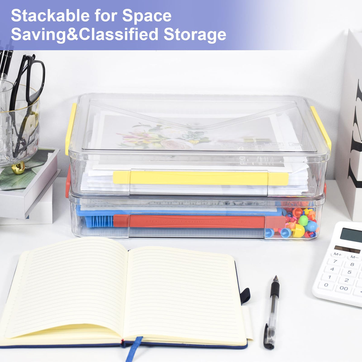 Plastic Storage Bin with Lid Portable Project Case with Handle Clear Storage Box Transparent File Document Protector