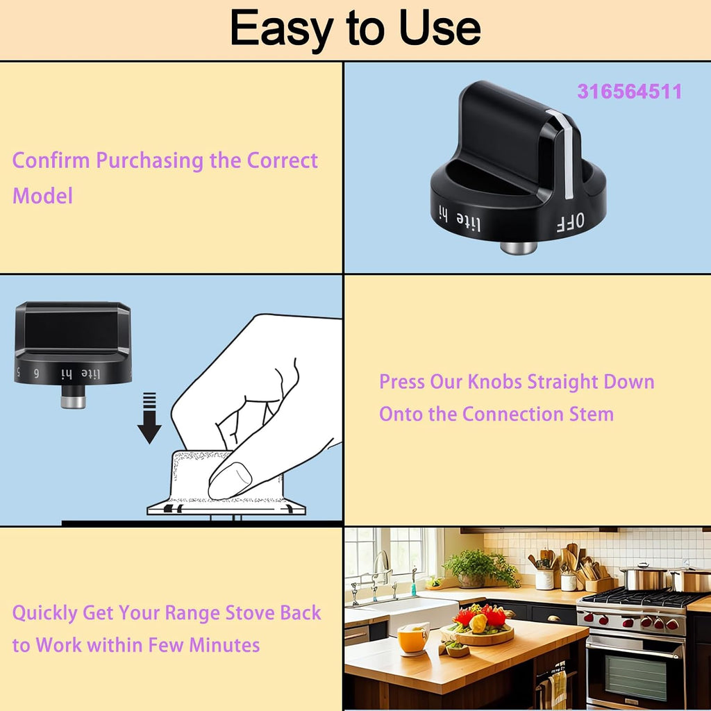Upgrade 316564511 Stove Knobs Replacements, Reinforced Stainless Steel Protection Ring, Only Compatible with Frigidaire Gas Range/Oven/Stove Knobs (5 Pieces)