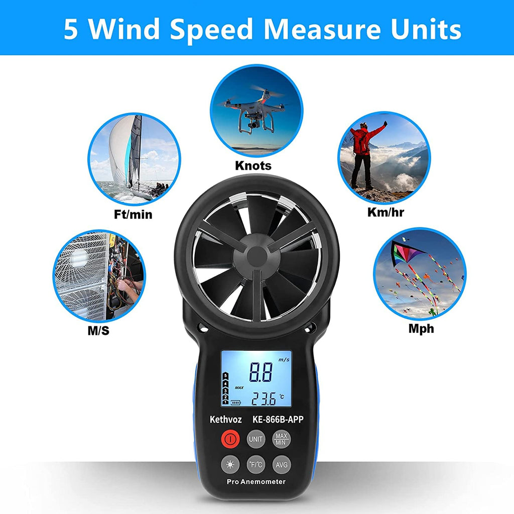 Bluetooth Anemometer Wind Speed Meter w/Data Logger, Kethvoz 866B-APP