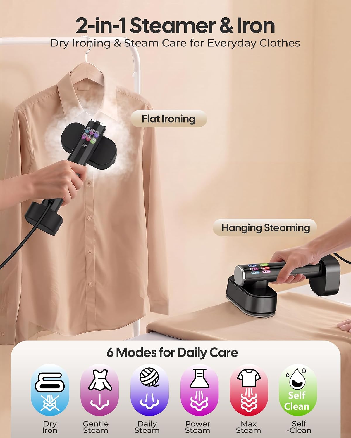 Travel Steamer for Clothes, 2-in-1 Handheld Garment Steamer & Iron, Black | 15s Fast Heat-Up, 1200W, No-Leak Portable