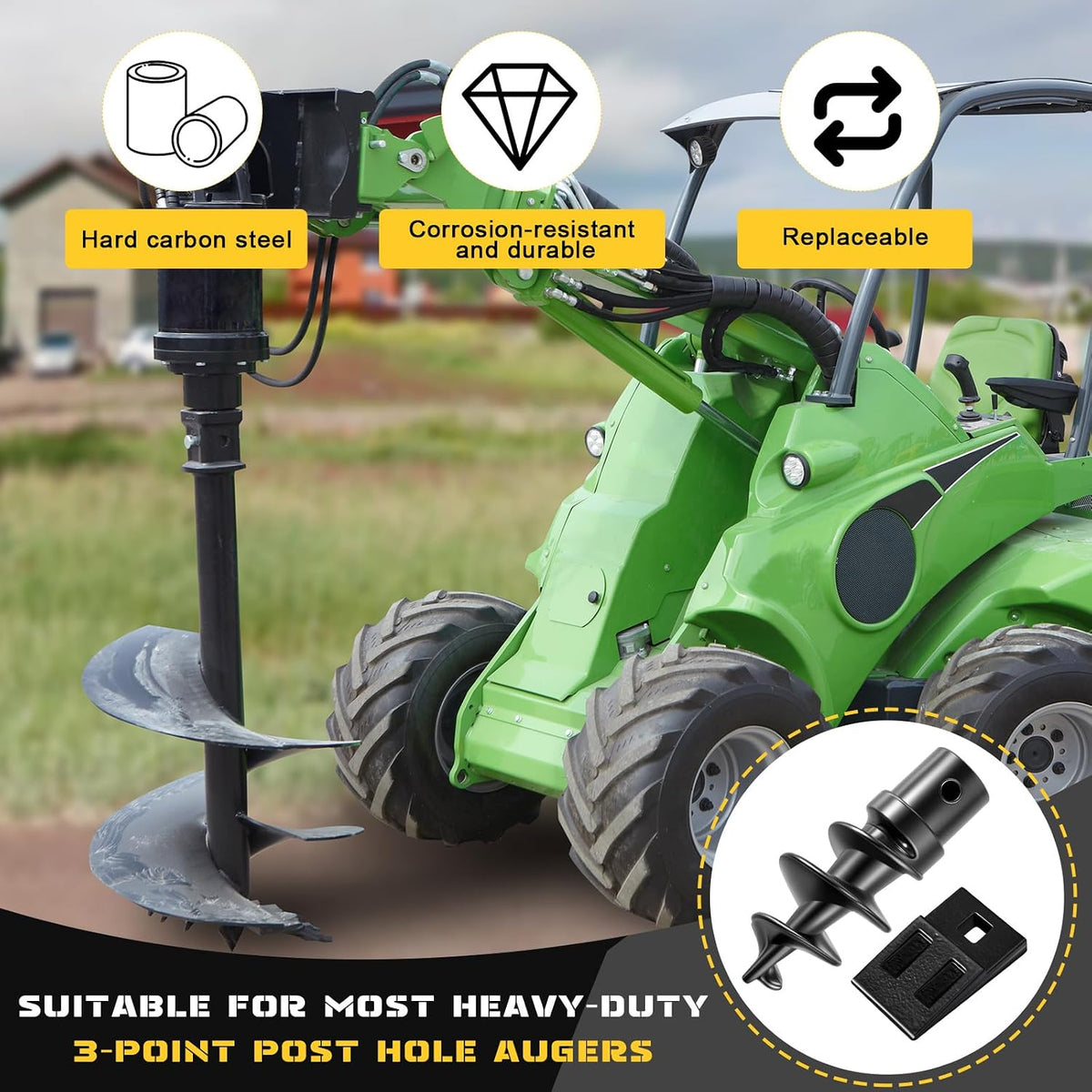 Bolt on Spiral Point Auger Pilot Tip and 4 Pcs 3 Point Auger Cutting Edge Square Hole Replacement Teeth with Hardware