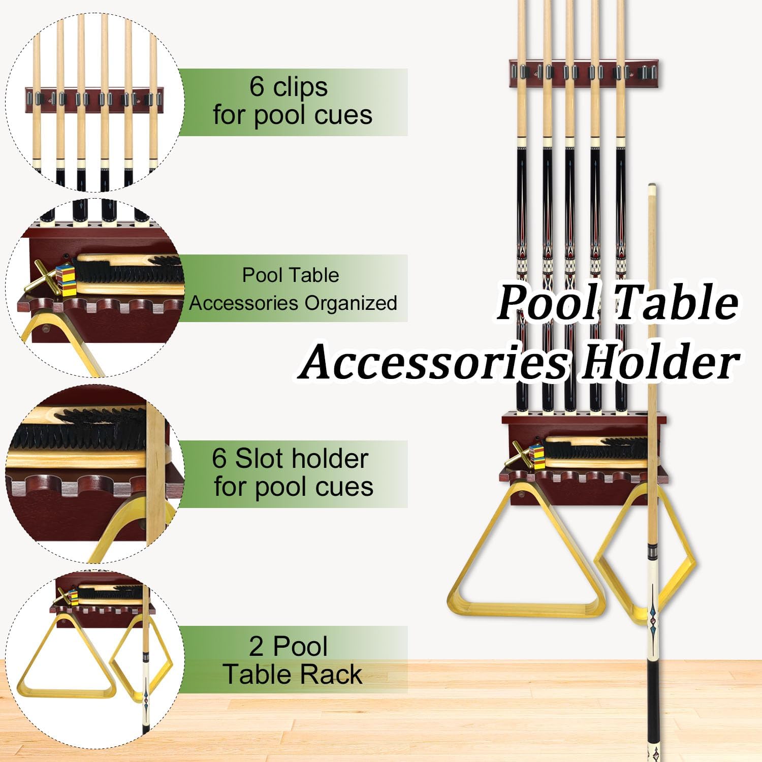 Hardwood Billiards Pool Cue Rack - Wall Mount Holder for 6 Cues, Sticks Storage and Table Accessories Organizer