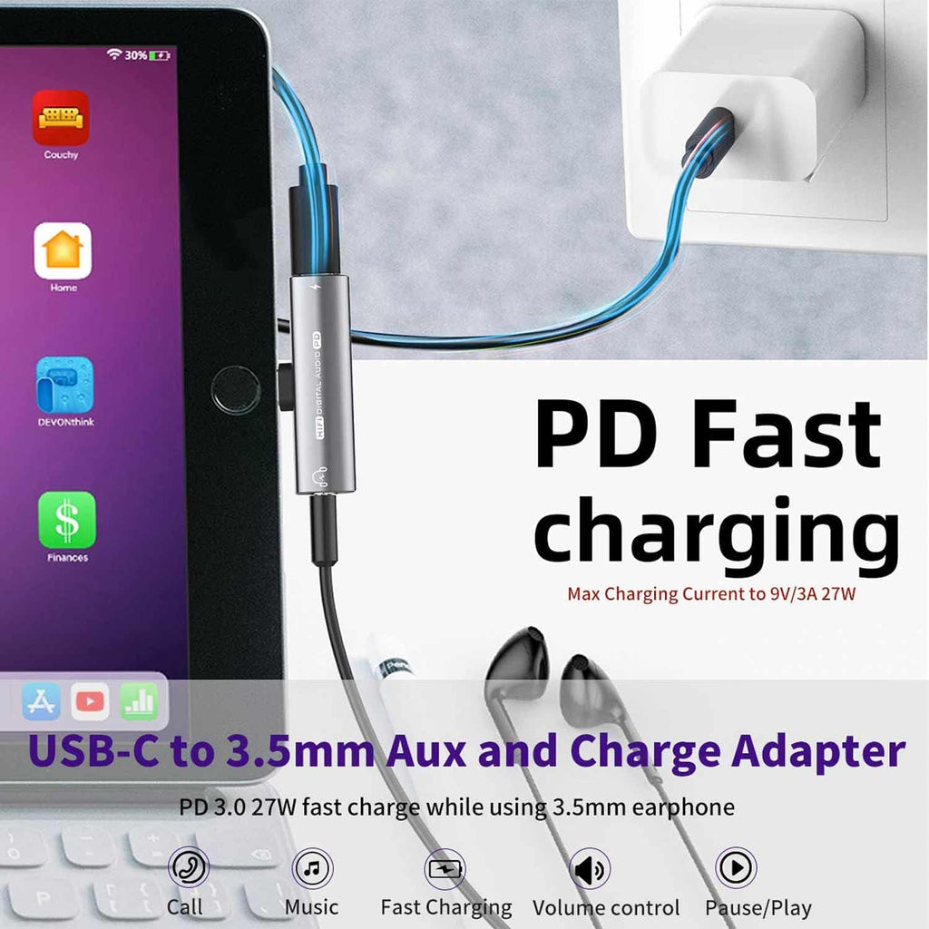USB C Headphone Adapter , 2 in 1 USB C to 3.5mm Headphone Jack HiFi DAC | 27W Fast Charging Dongle Adapter Compatible