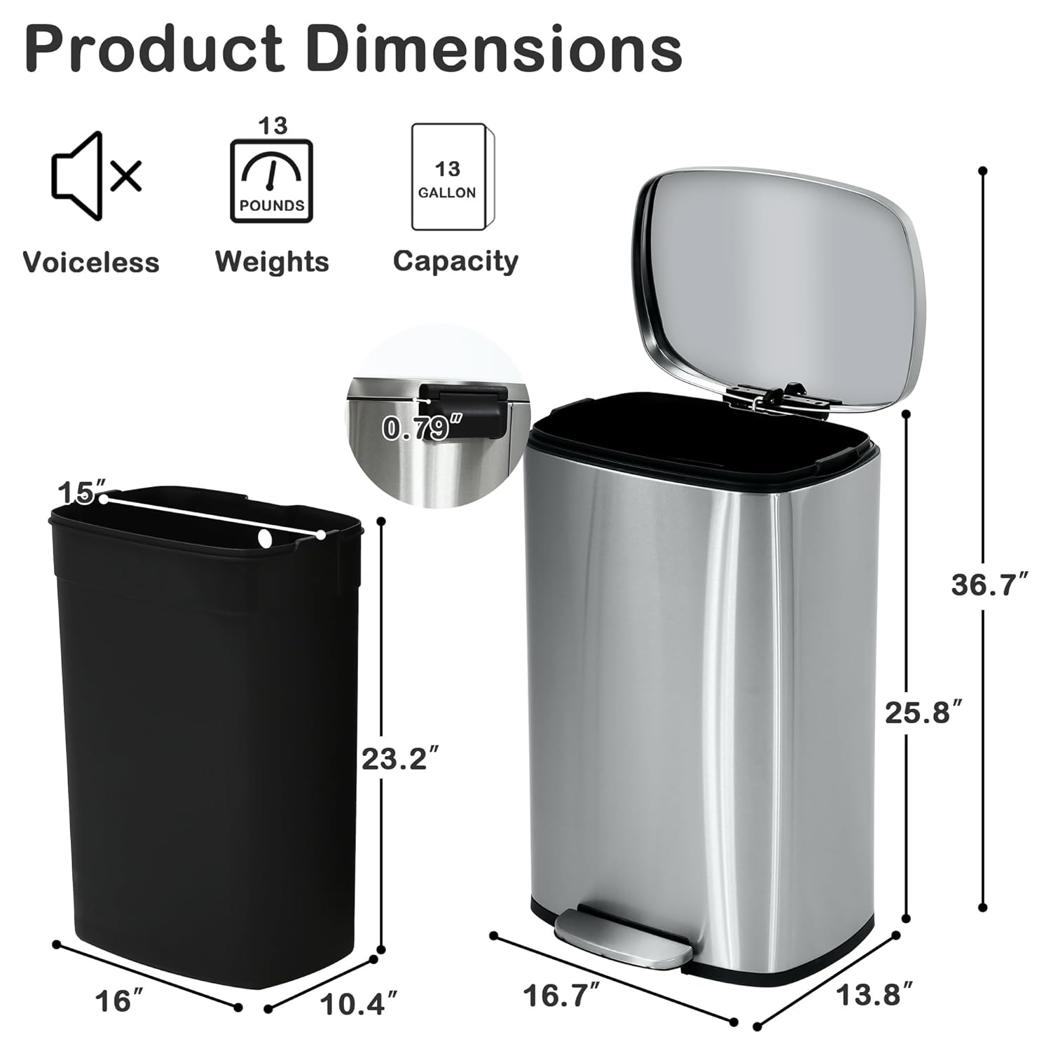 50 Liter / 13 Gallon Kitchen Trash Can, Stainless Steel with Lid, Foot Pedal and Inner Bucket, Fingerprint-Resistant