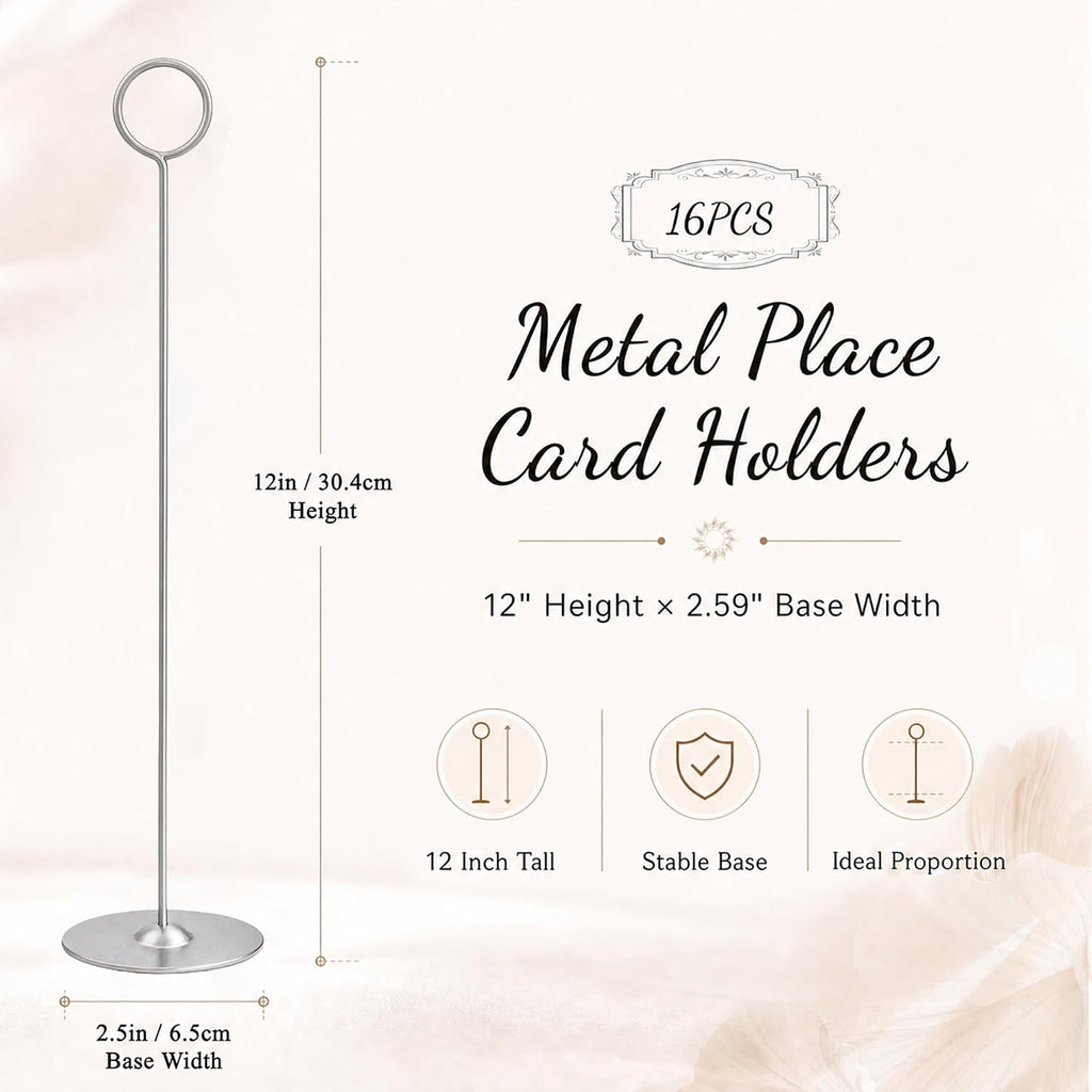 12 Inch Matte Silver Steel Place Card Holder,16 Pack Table Number Holder