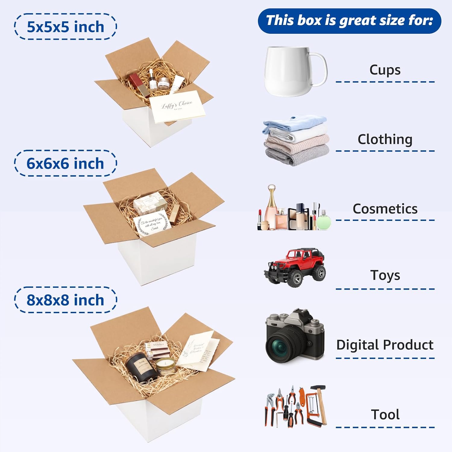 Assorted Sizes Shipping Boxes 30 Pack (8x8x8, 6x6x6, 5x5x5), White Corrugated Cardboard Mailers, Each 10 PCS Small