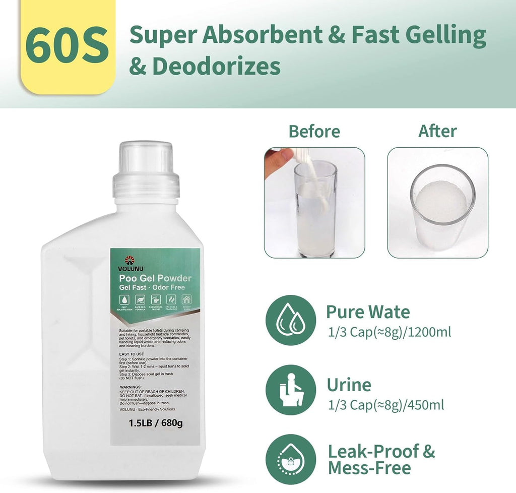 1.5LB/3LB Pee Powder Gel & Poo Gel Odor Neutralizer Solidifier | Portable toilet gel for camping, patient care, pet