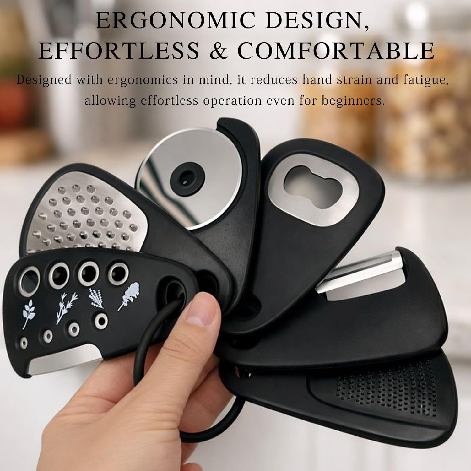 6-Piece Unique Kitchen Gadget Set in Black, Stackable Space-Saving Tools Including Grater, Peeler, Pizza Cutter, and