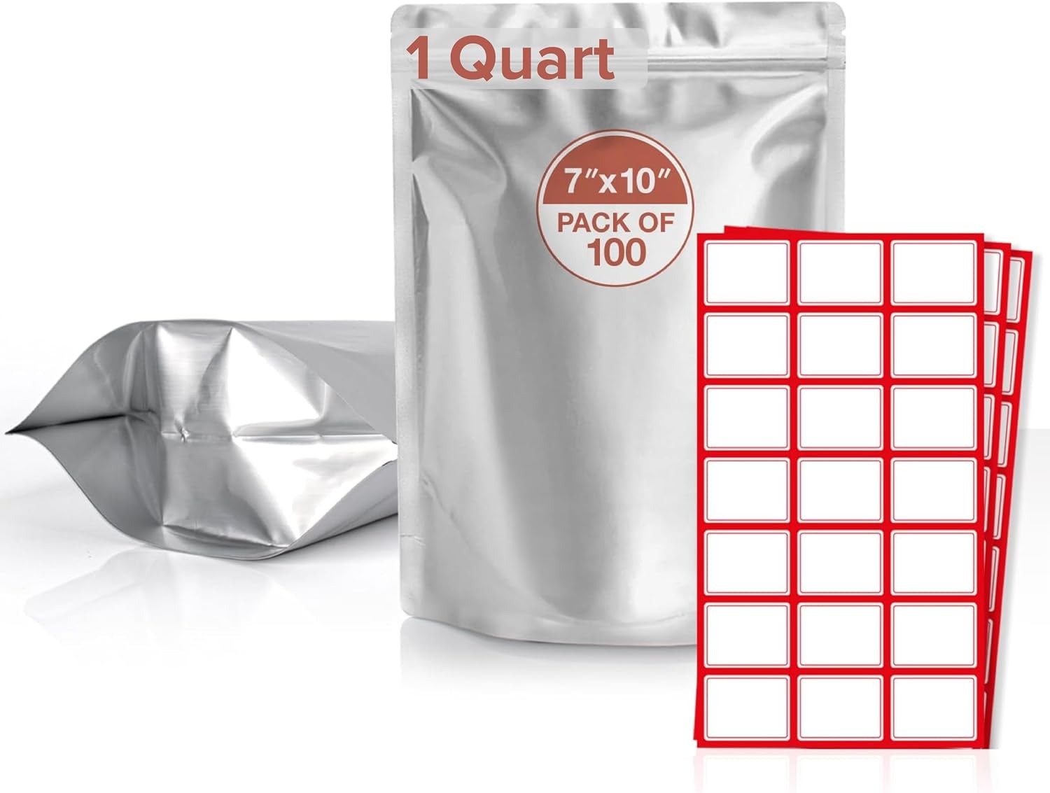100pcs 1 Quart Mylar Bags with Gusseted Bottom - Extra Thick | Resealable, Long Term Food Storage, Stand Up, Ziplock