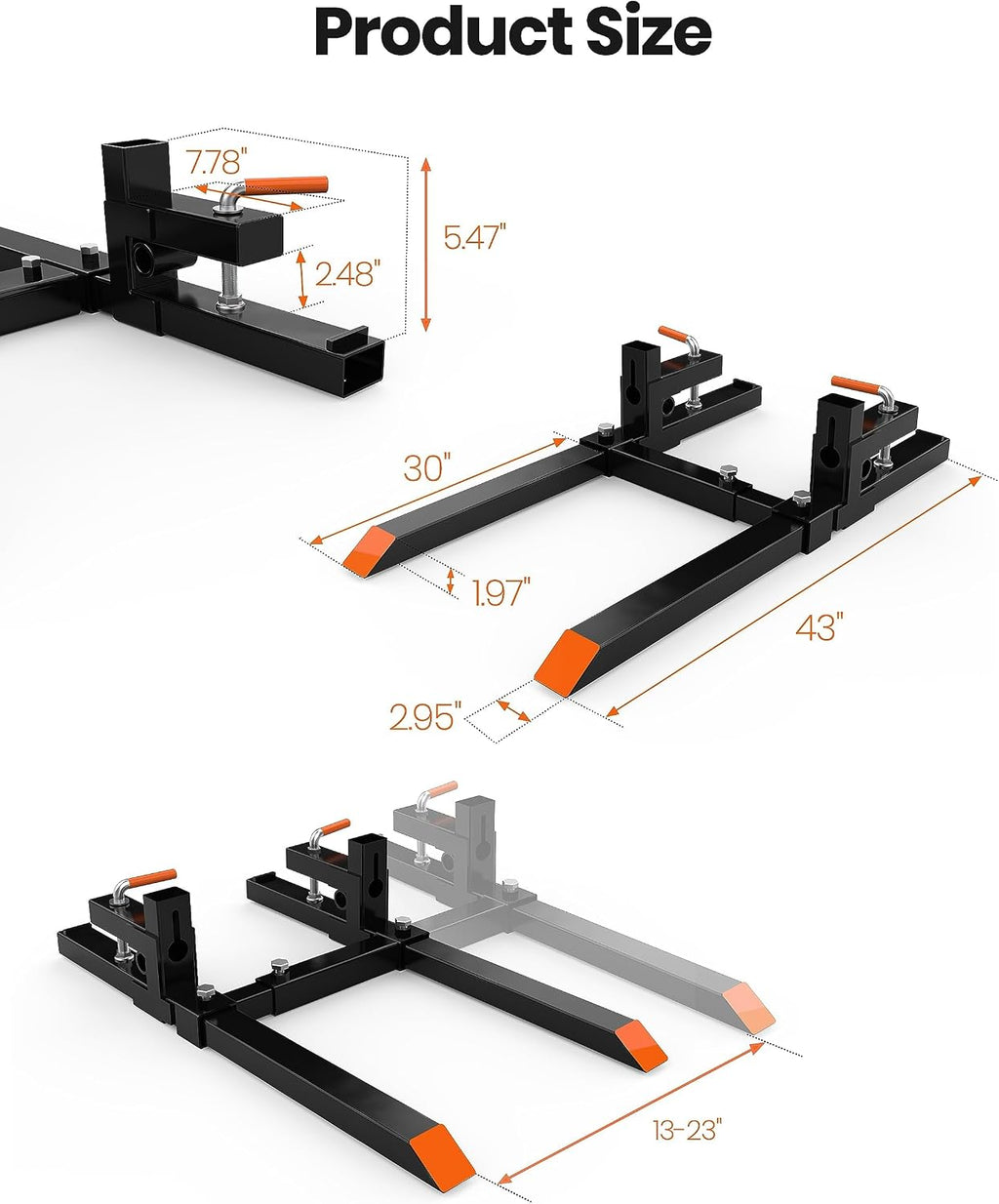 43Inch 2000lbs Pallet Forks Heavy Duty Tractor Forks with Adjustable Stabilizer Bar for Tractor Attachments, Skid