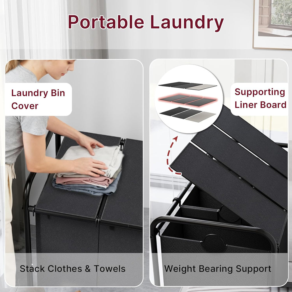180L Laundry Sorter 3 Section with Lockable Wheels and Lid Black | 3 Large Separate Removable Bags | Heavy Duty