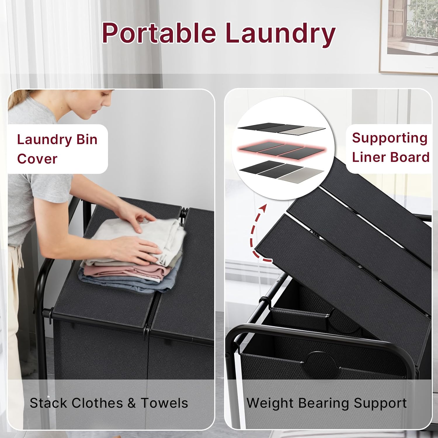 180L Laundry Sorter 3 Section with Lockable Wheels and Lid Black | 3 Large Separate Removable Bags | Heavy Duty