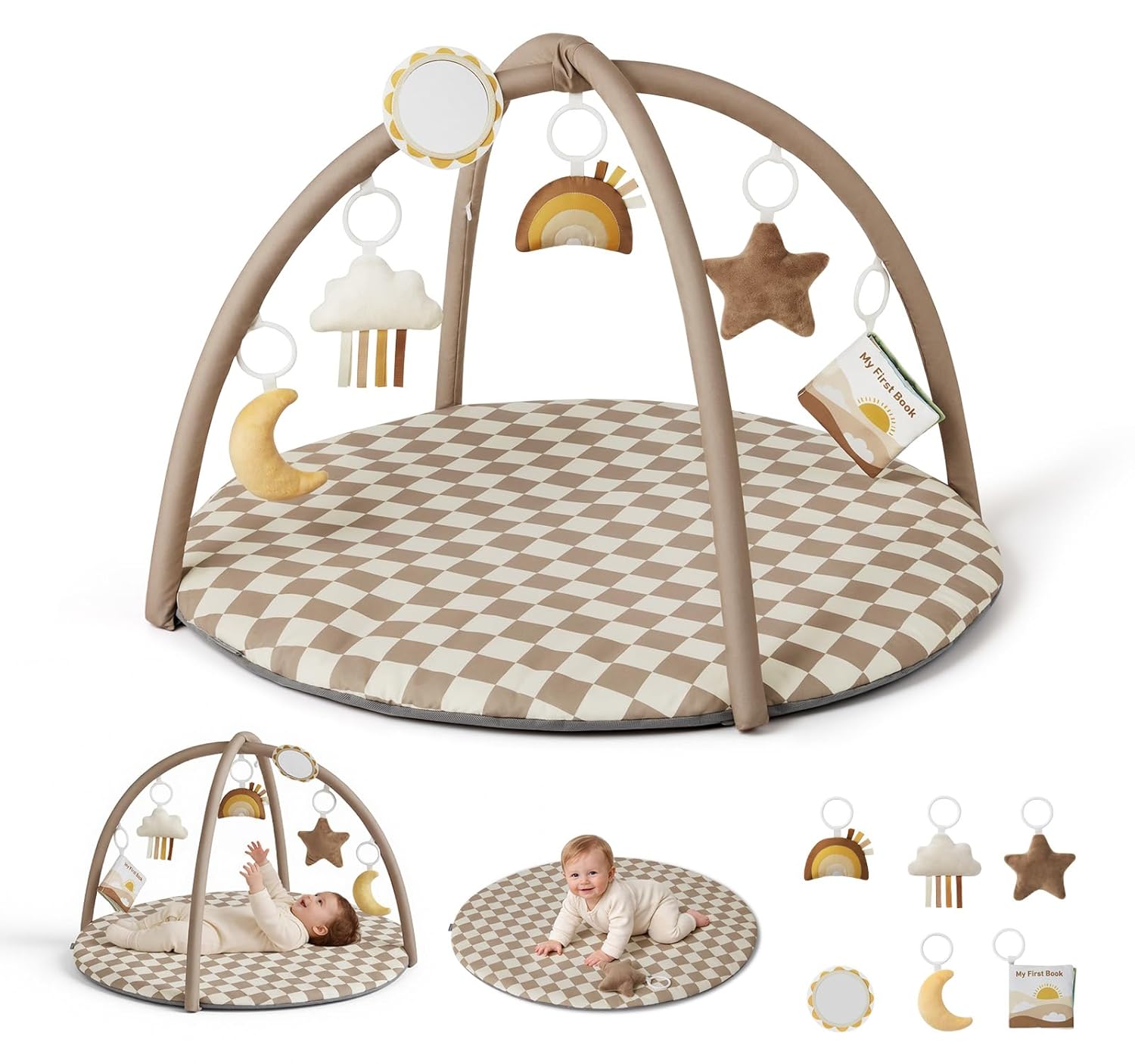 Baby Play Gym Mat, Play Mat Activity Mat with 6 Detachable Toys for Stage-Based Sensory & Motor Skill Development