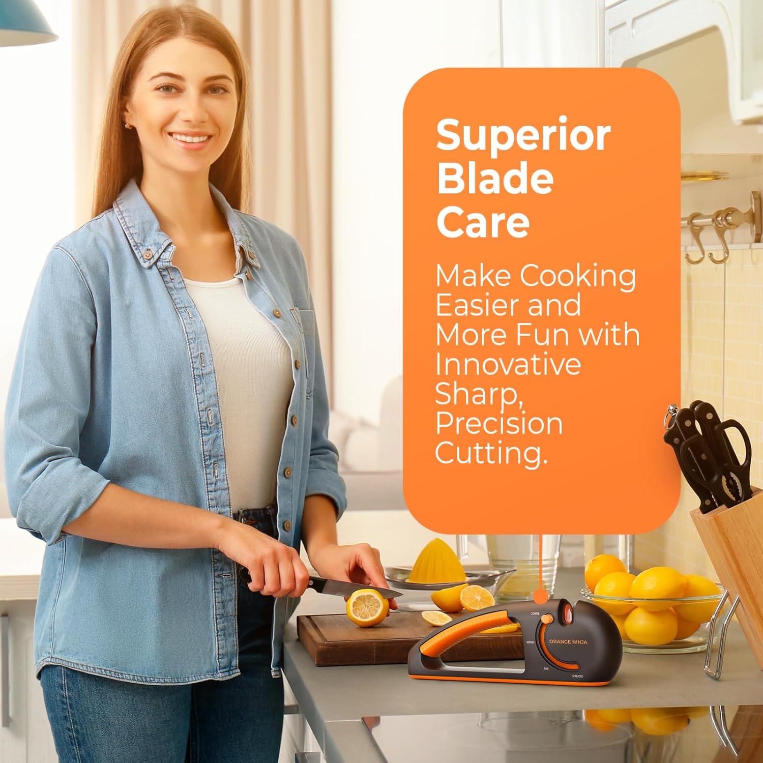 Orange Ninja 4-Stage Knife Sharpener & Serrated Knife Sharpener– Repairs, Sharpens & Polishes Blades with Ergonomic