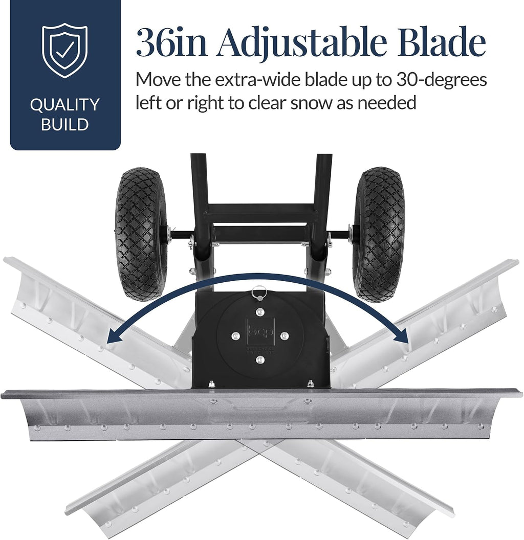 36in Galvanized Blade Heavy-Duty 2-Wheel Snow Pusher Hand Plow for Snow Removal w/Wheels, Adjustable Handle, Blade