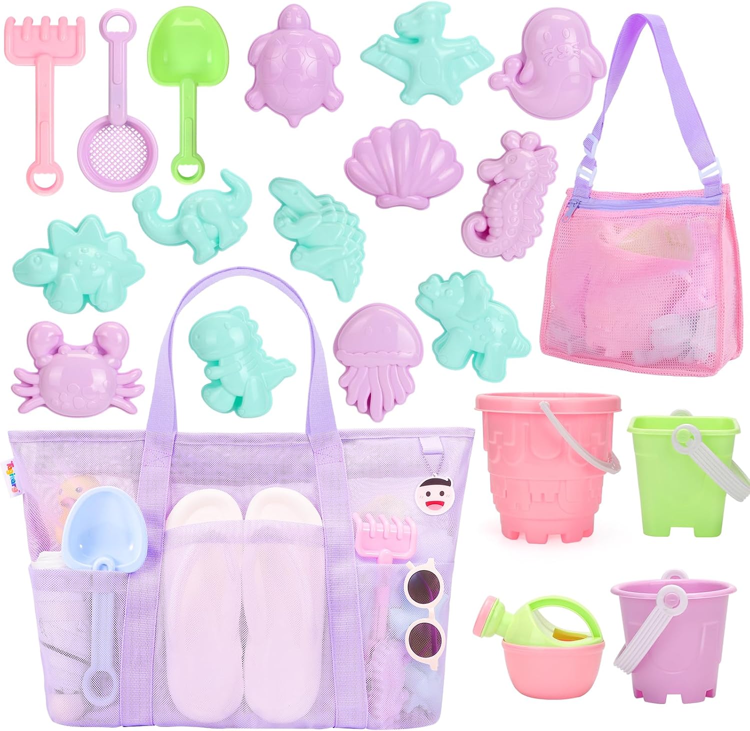 Beach Toys for Kids and Mesh Beach Bag with Zipper, Large Beach Tote with 8 Pockets, Sand Toys Storage Pool Bag Beach