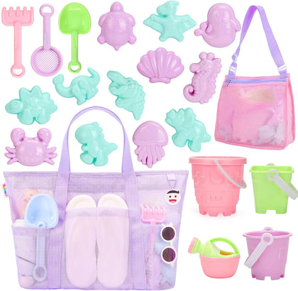 Beach Toys for Kids and Mesh Beach Bag with Zipper, Large Beach Tote with 8 Pockets, Sand Toys Storage Pool Bag Beach