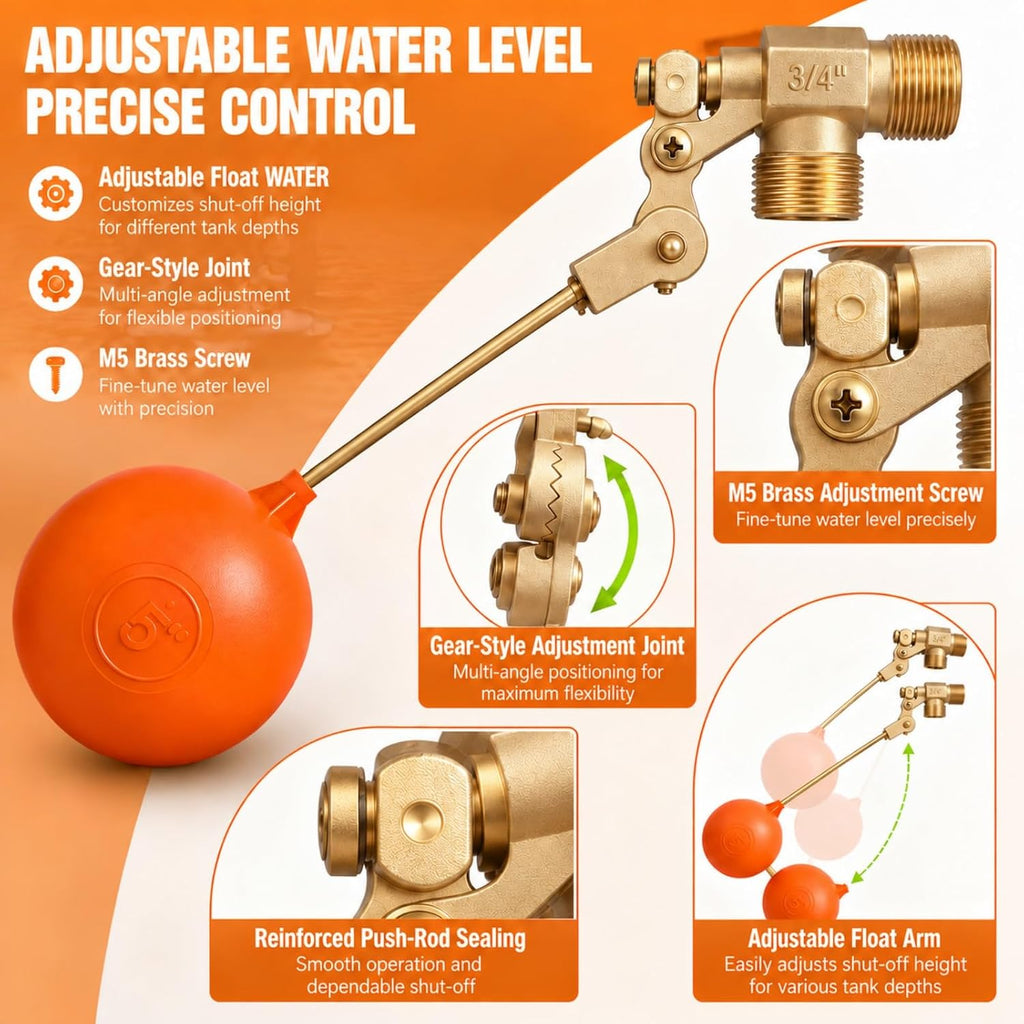 3/4 Inch Brass Float Valve for Water Tank, Automatic Water Level Control