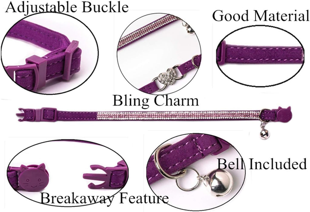 Rhinestone Cat Breakaway Collar Pack of 2 Purple Kitten Collars with Bell
