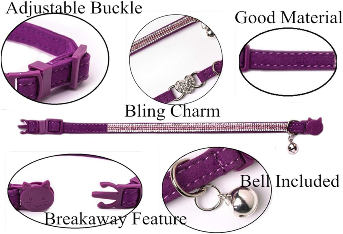 Rhinestone Cat Breakaway Collar Pack of 2 Purple Kitten Collars with Bell