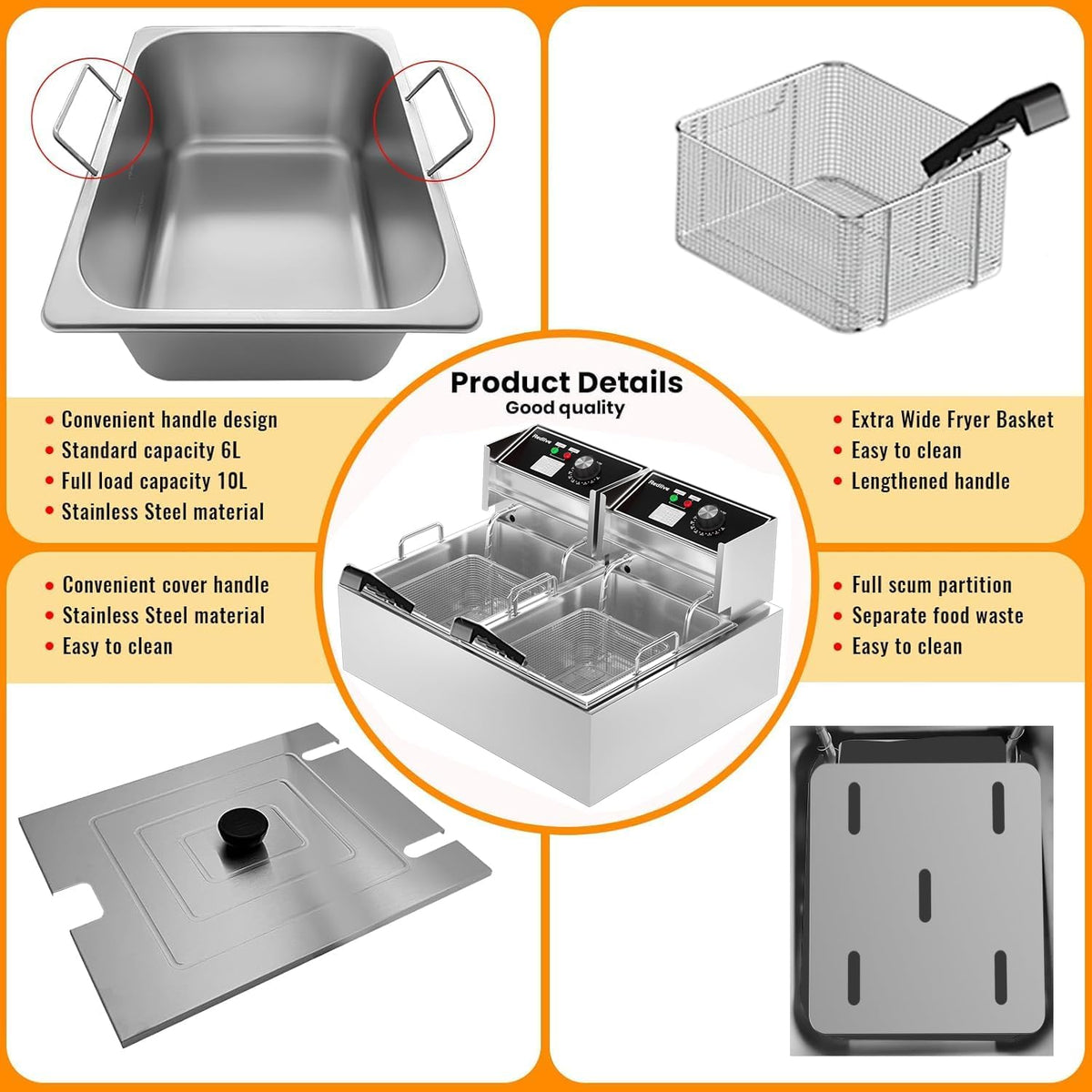 Commercial Deep Fryer 21QT/20L with Double Baskets & Temperature Control