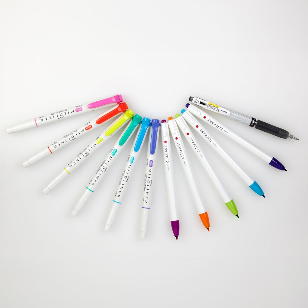 Creative Notetaking Set 12-Pack, Includes 6 Highlighters, 5 CLiCKART Retractable Marker Pens, and 1 Sarasa