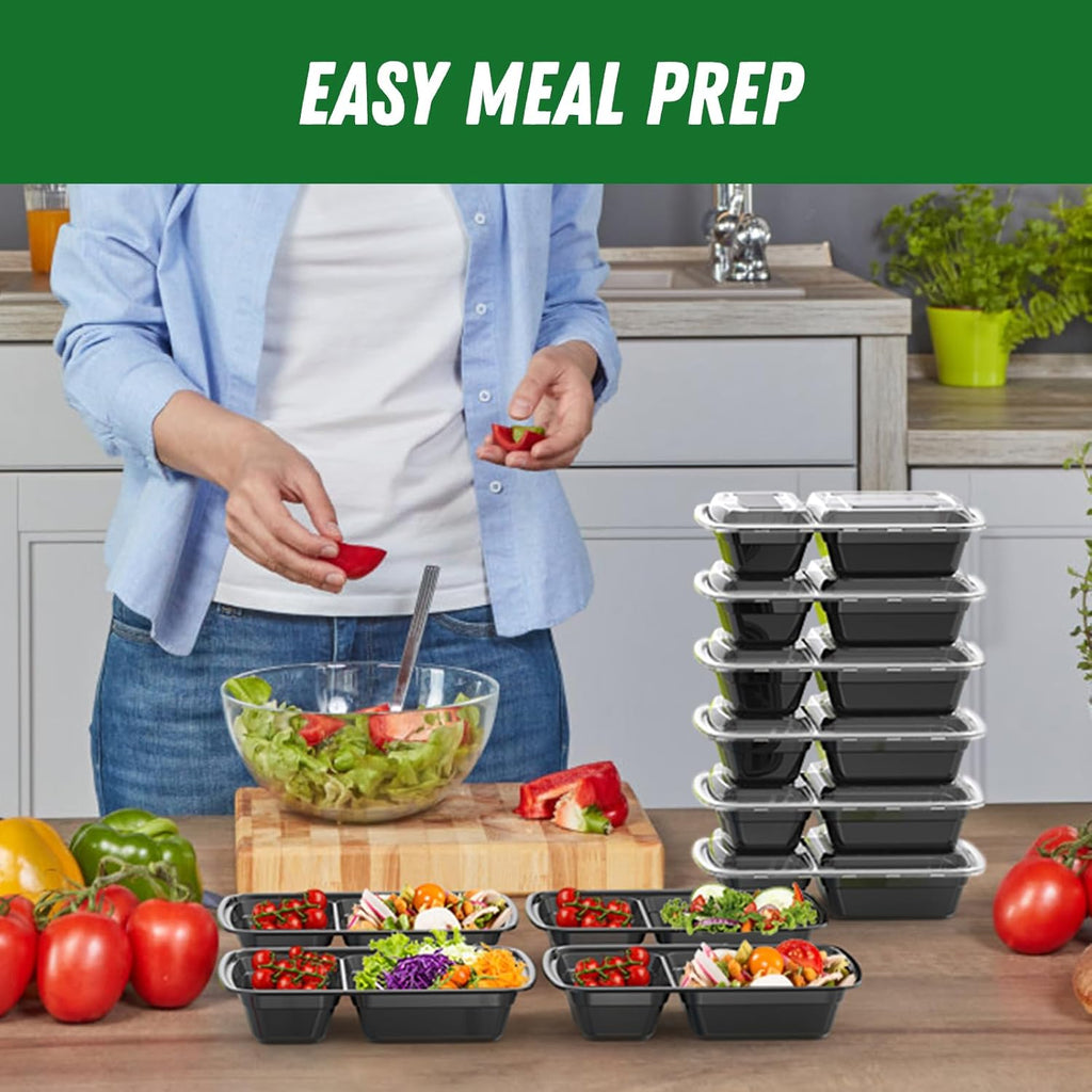 50 Pack 28 oz Meal Prep Containers with Lids 2-Compartment, Black