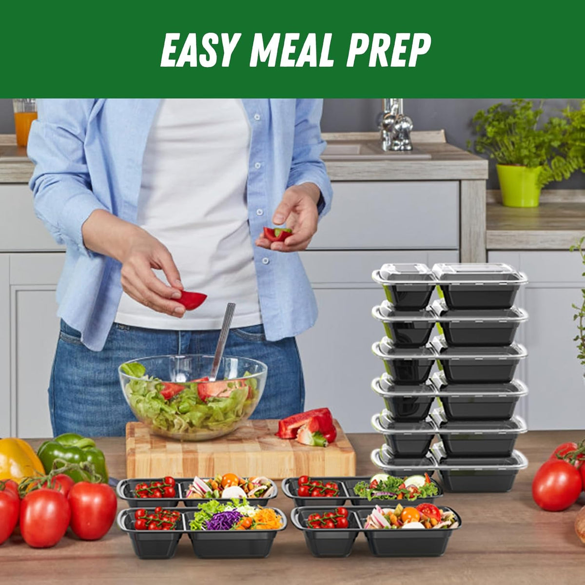 50 Pack 28 oz Meal Prep Containers with Lids 2-Compartment, Black