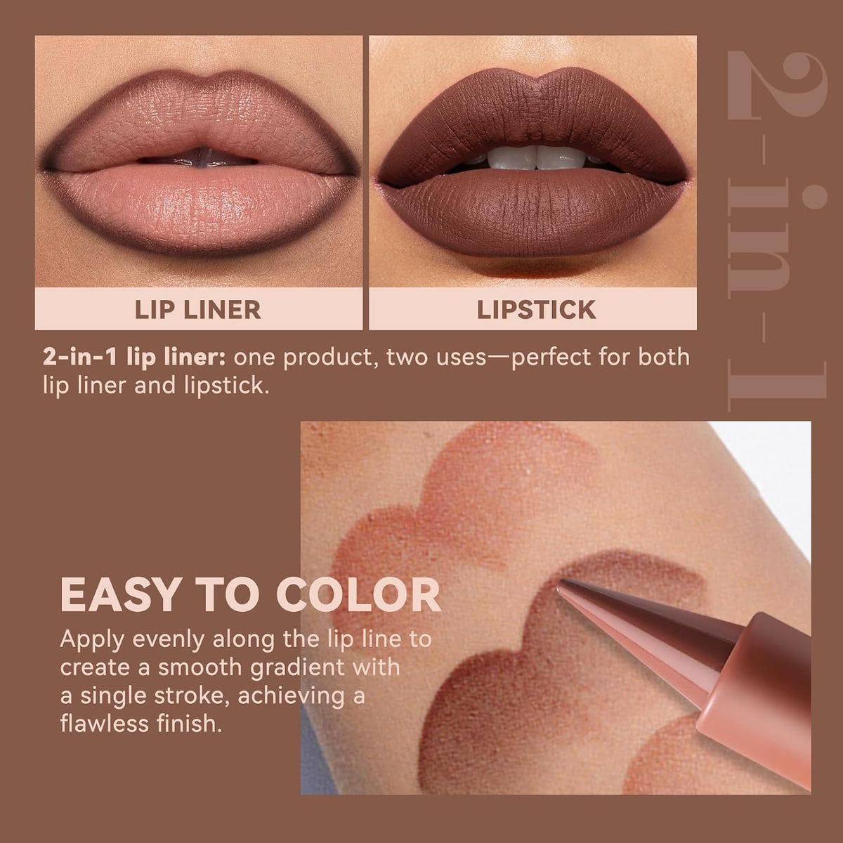 3 Pcs Juicy Nude Lip Kit - Brown Gradient Lip Liner & Nourishing Lipstick & Glossy Lip Gloss, Long-Lasting
